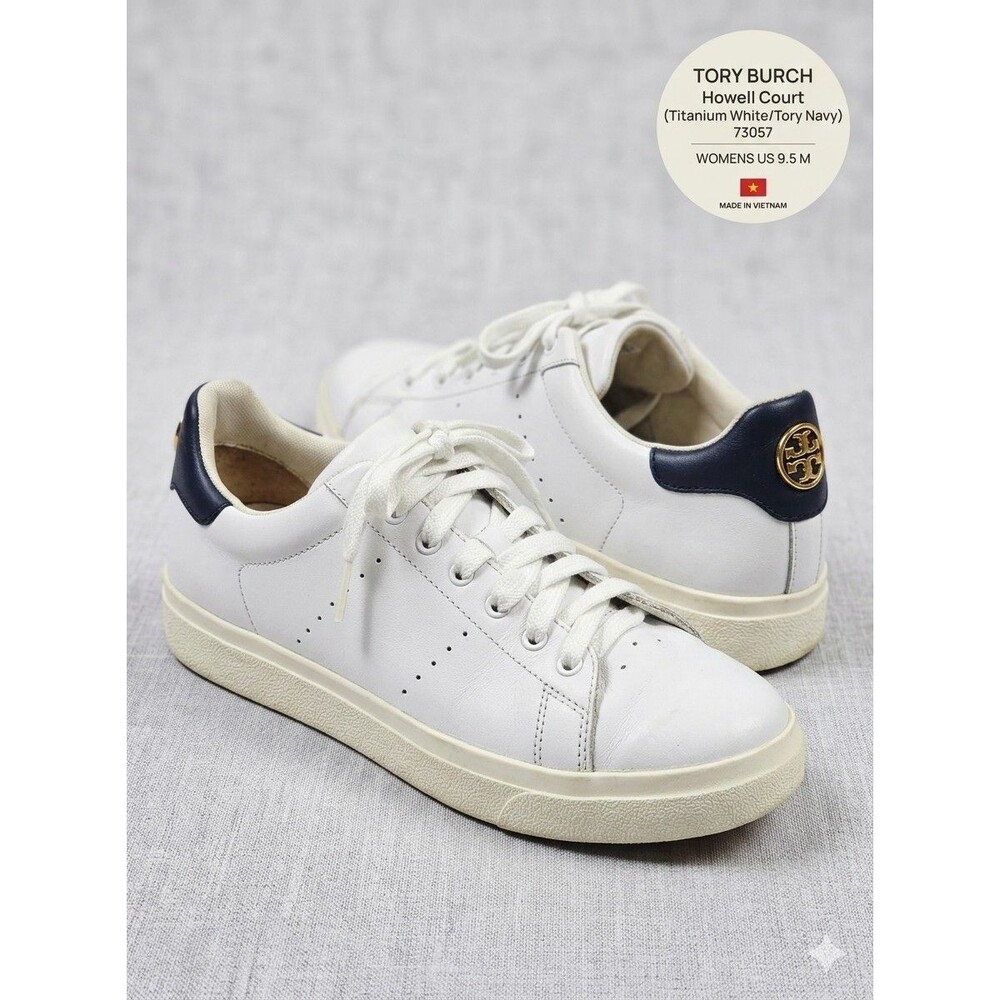 Tory Burch Howell Court White Leather Sneakers Navy Gold Logo Womens 9.5M 73057